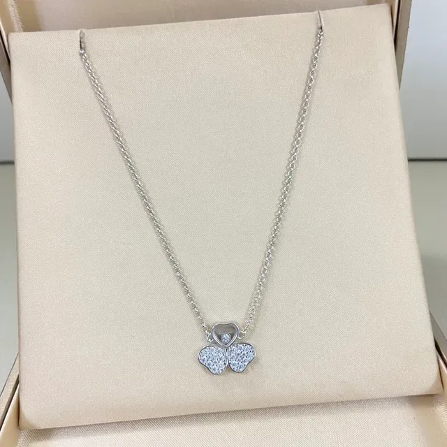 Gold Silver Clover-Shaped Pendant Pavé-Set Stones Necklace 5