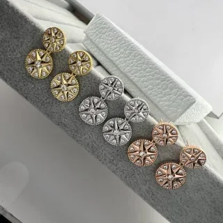 Gold Silver Compass-Star Motif Pavé Crystal Setting Earrings