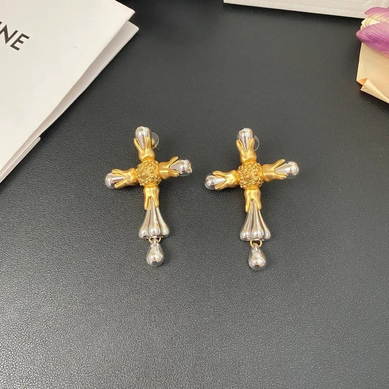 Gold Silver Cross-Shaped Two-Tone Metal Jewelry 8