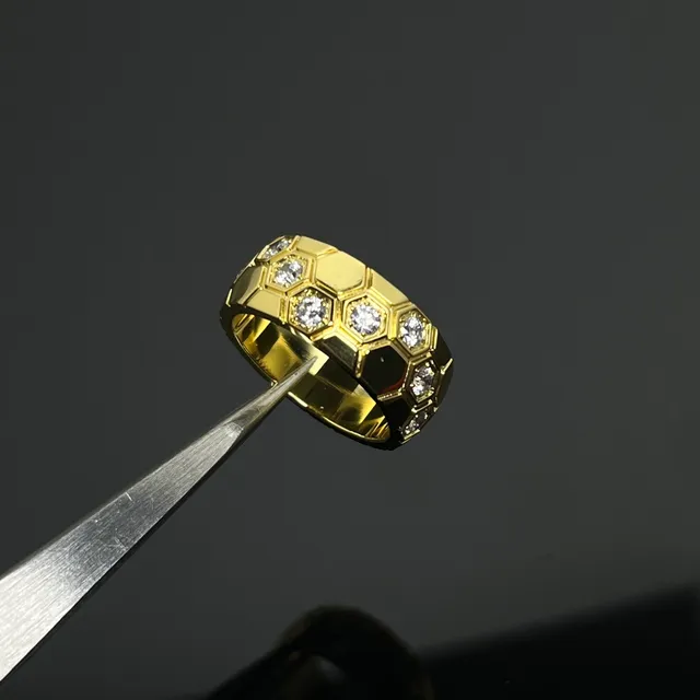 Gold Silver Hexagonal Pavé Setting Wide Band Ring 3