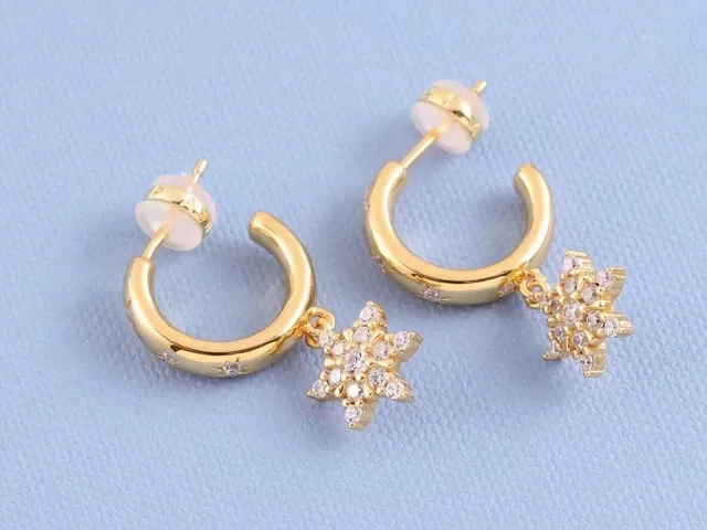 Gold Silver Huggie Hoops Paved Crystal Snowflake Charms Earrings 3