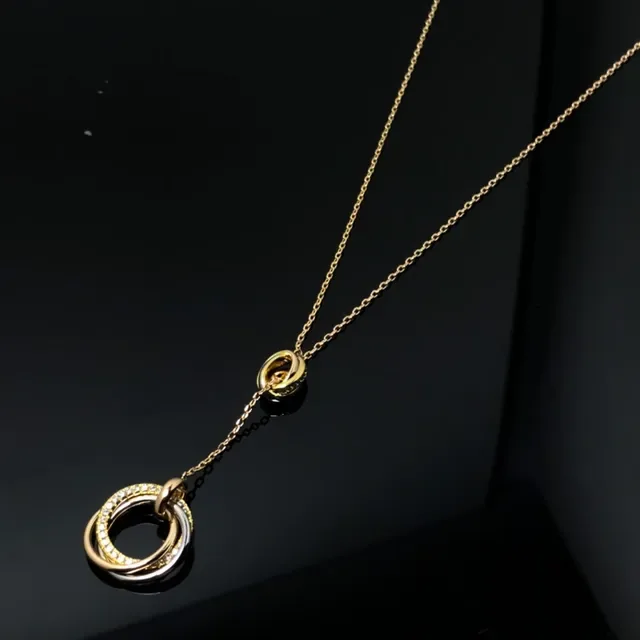 Gold Silver Interlocking Double-Ring Pendant Pavé-Set Clear Stones Necklace 2