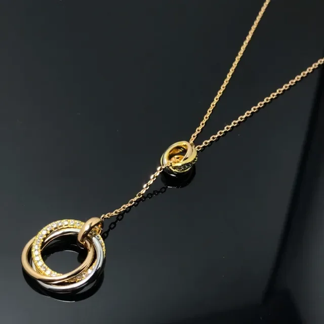 Gold Silver Interlocking Double-Ring Pendant Pavé-Set Clear Stones Necklace 3
