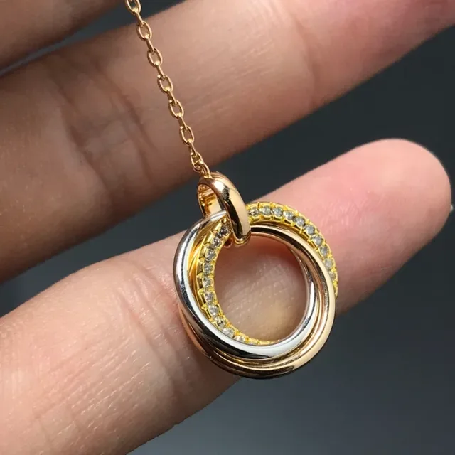 Gold Silver Interlocking Double-Ring Pendant Pavé-Set Clear Stones Necklace 4