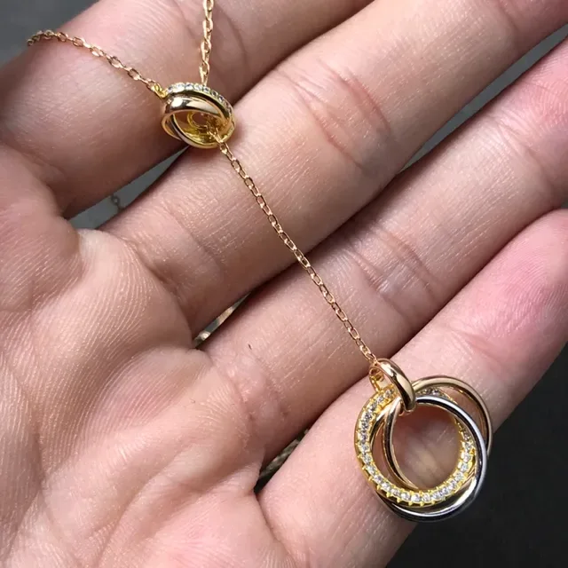 Gold Silver Interlocking Double-Ring Pendant Pavé-Set Clear Stones Necklace 5
