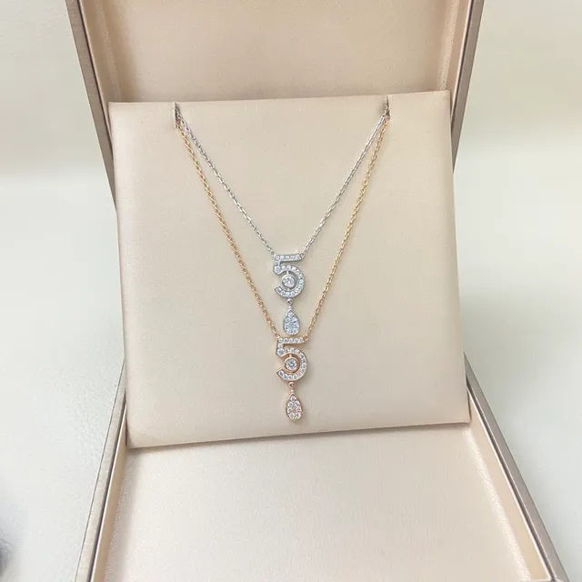 Gold Silver Numeric '5' Pendant Pavé-Set Stones Necklace 2
