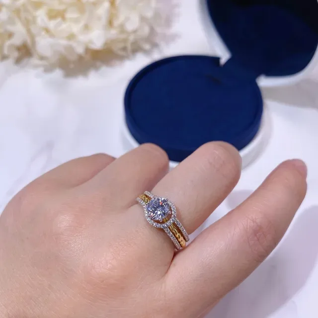 Gold Silver Twisted Rope Band Solitaire Round-Cut Stone Ring 2