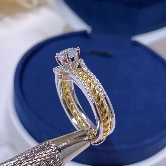 Gold Silver Twisted Rope Band Solitaire Round-Cut Stone Ring 4