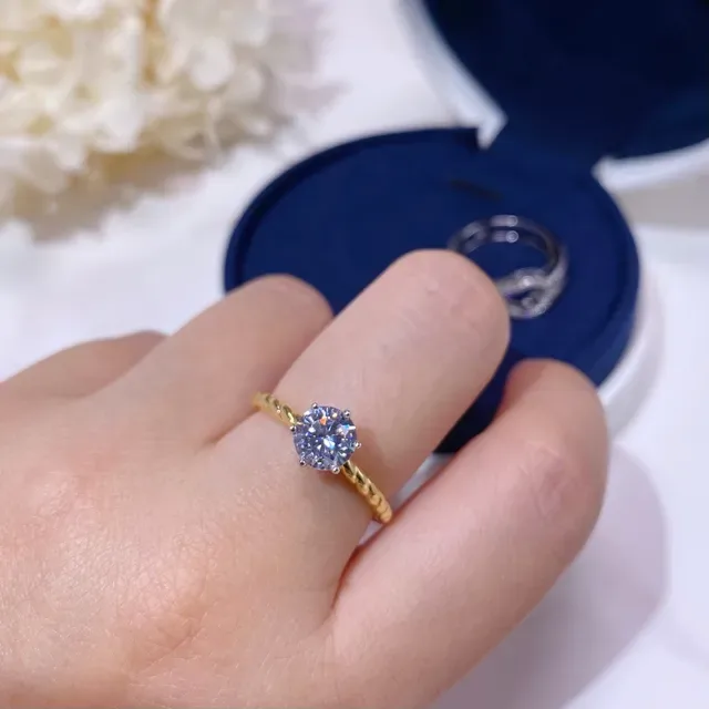 Gold Silver Twisted Rope Band Solitaire Round-Cut Stone Ring 5