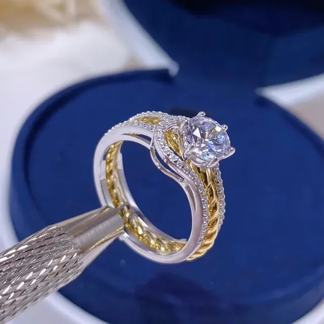 Gold Silver Twisted Rope Band Solitaire Round-Cut Stone Ring 7