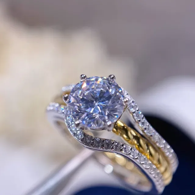 Gold Silver Twisted Rope Band Solitaire Round-Cut Stone Ring 8
