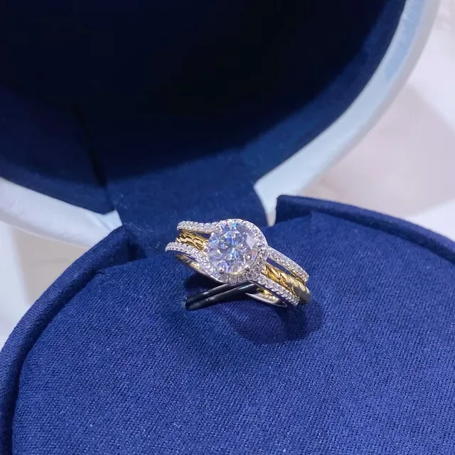 Gold Silver Twisted Rope Band Solitaire Round-Cut Stone Ring 9