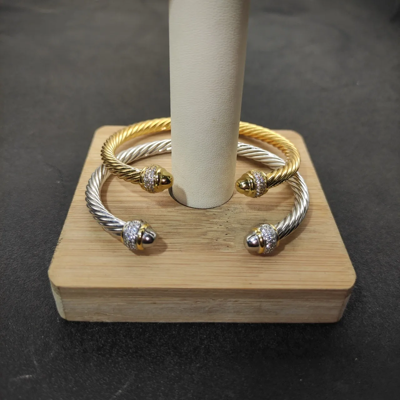 Gold Silver Twisted Rope Cable Pavé-Set End Caps Bracelet 7