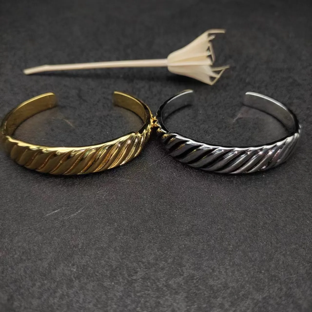 Gold Silver Twisted Rope Texture Open Cuff Bracelet 5