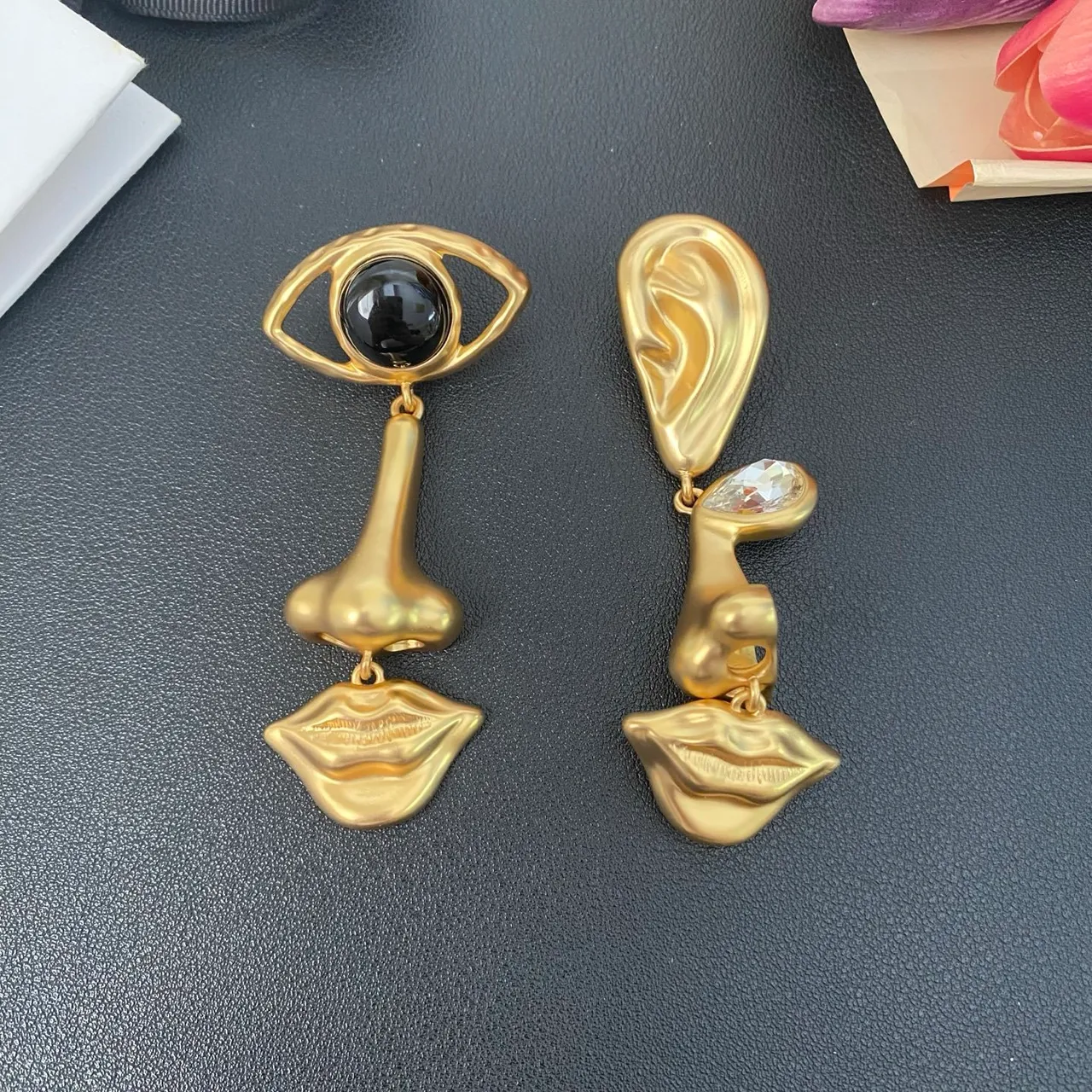 Gold-Tone Asymmetrical Sculptural Facial Feature Earrings 7