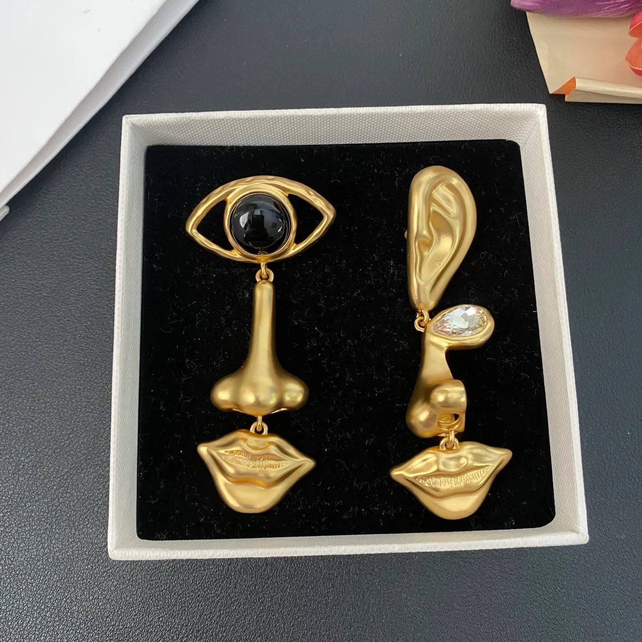 Gold-Tone Asymmetrical Sculptural Facial Feature Earrings 8