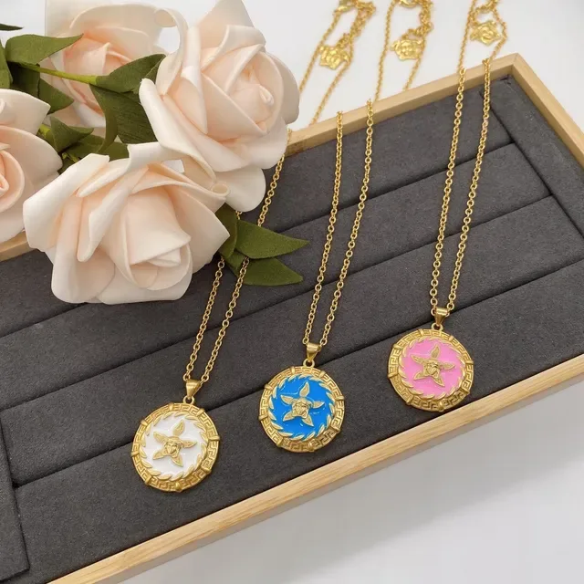 Gold-Tone Circular Enamel Medallion Pendant Necklaces 2