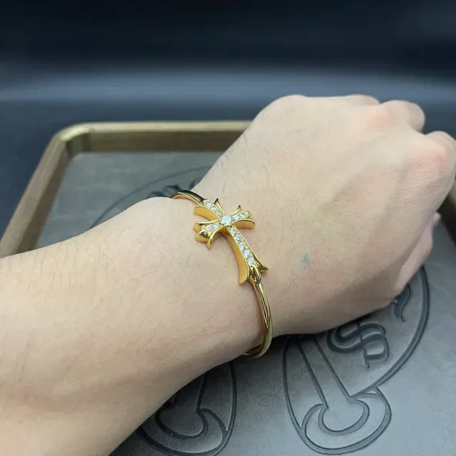 Gold-Tone Cross Motif Pave-Set Open Bangle Bracelet 2