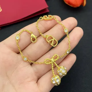 Pulsera de Cadena con Encanto de Laço de Cristal en Tono Dorado y V-Logo