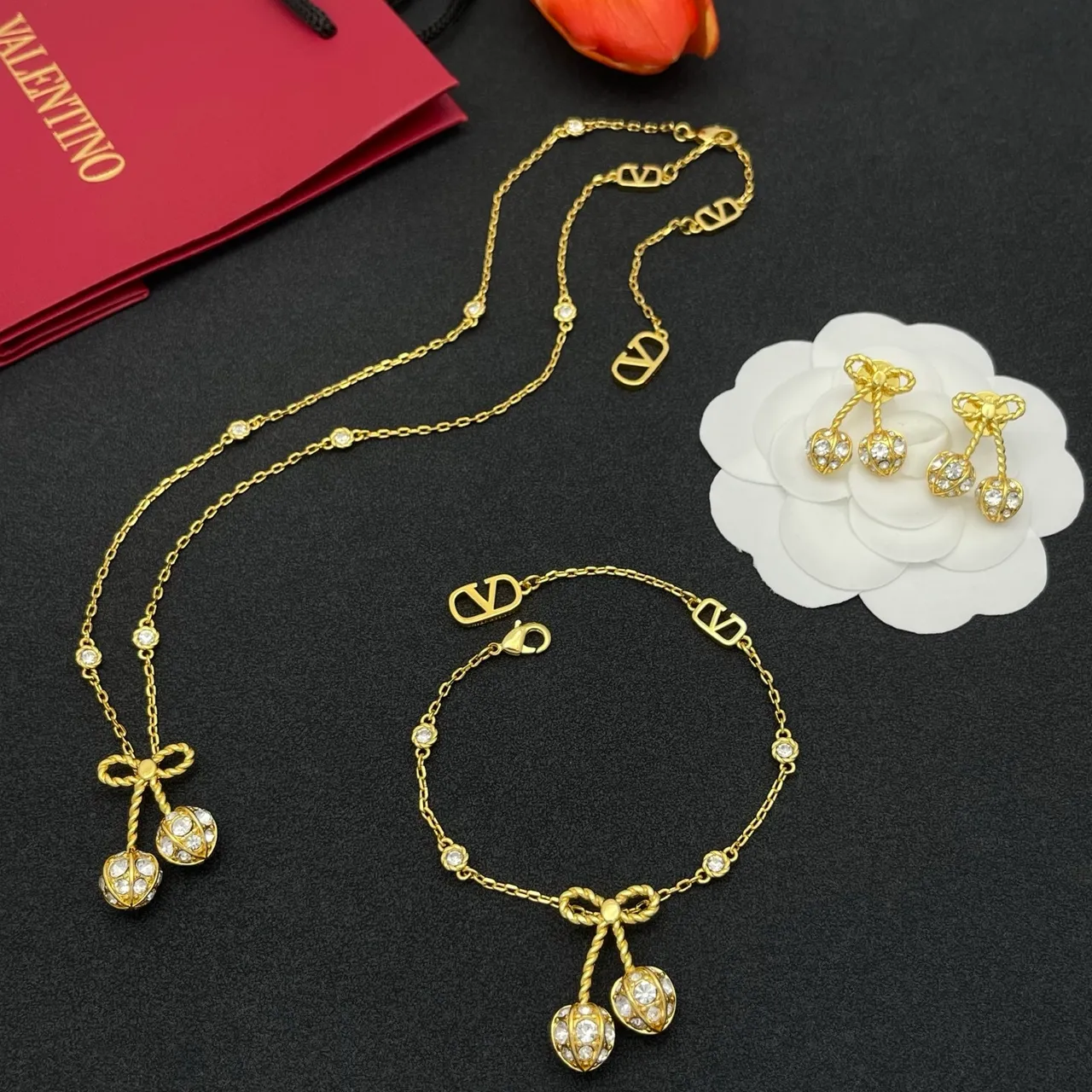 Gold-Tone Crystal Bow Charm V-Logo Chain Bracelet 2