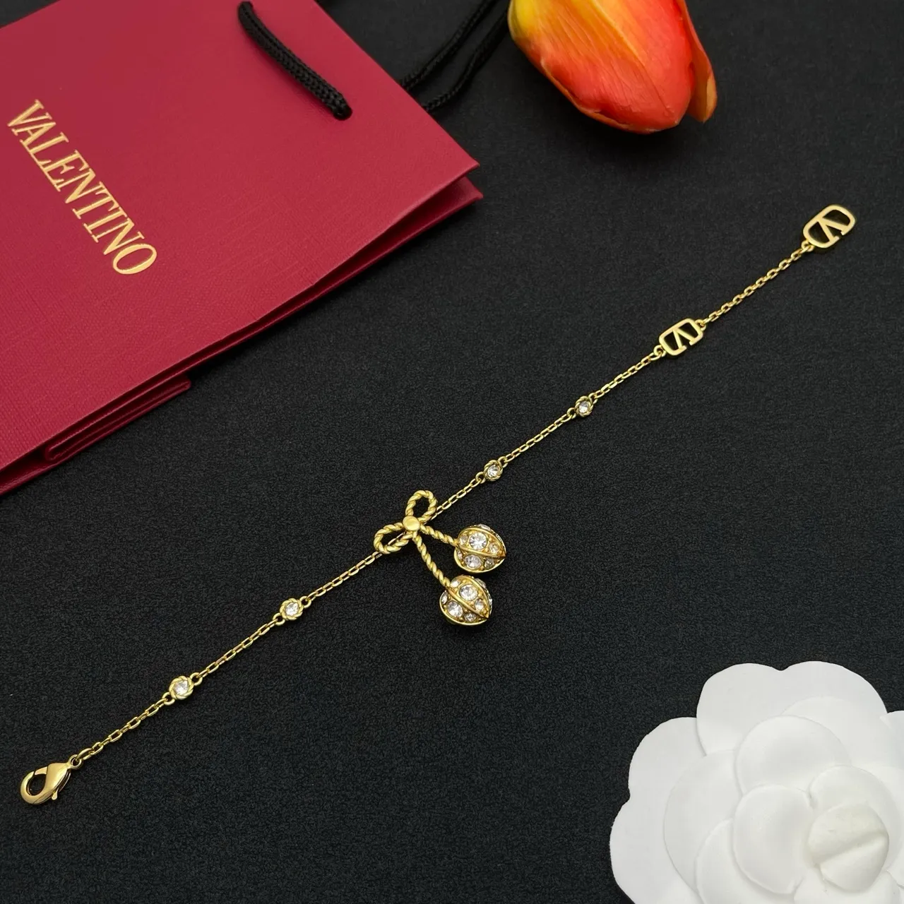 Gold-Tone Crystal Bow Charm V-Logo Chain Bracelet 5