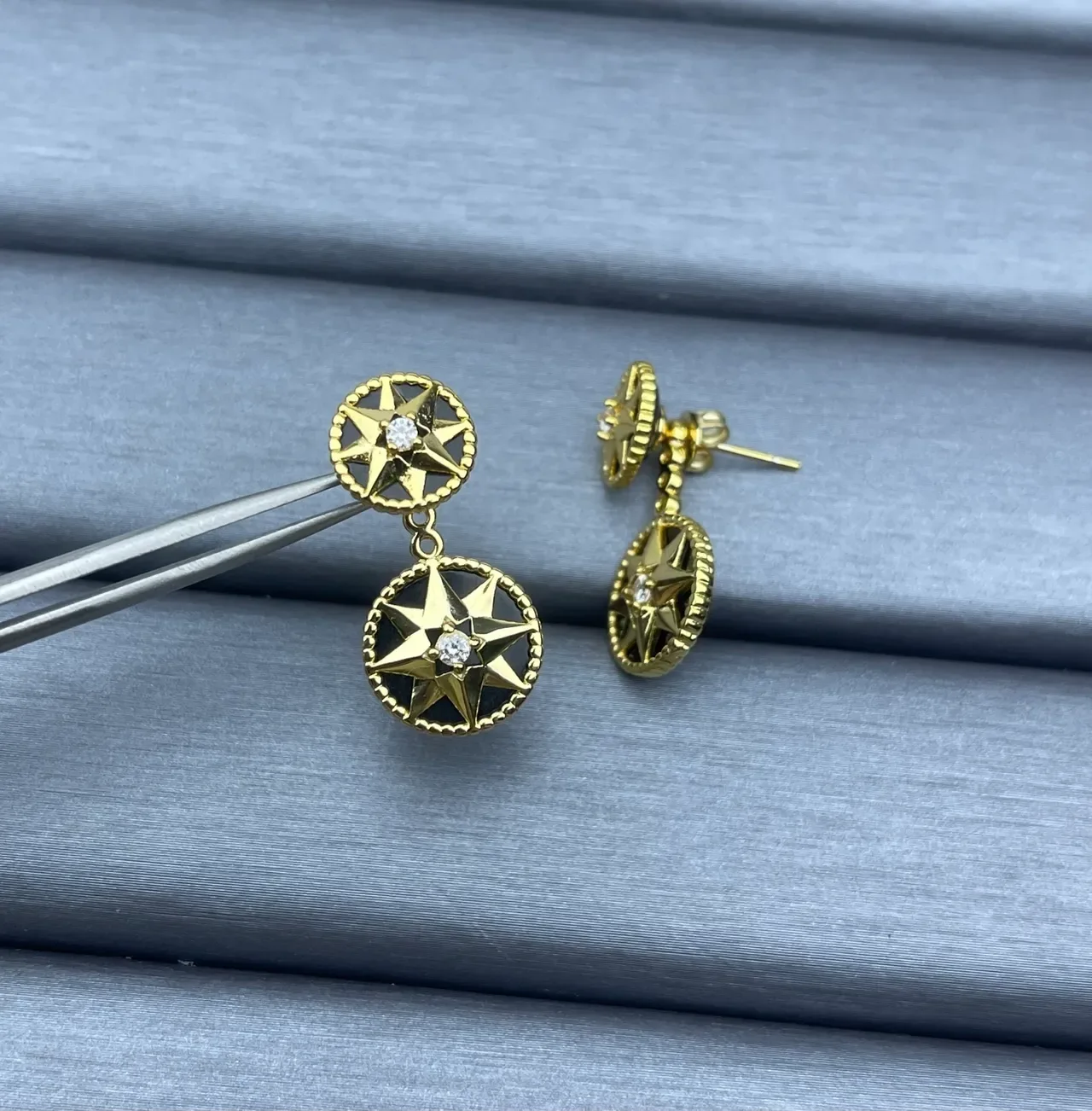 Gold-Tone Double Star Motif Crystal Earrings 2