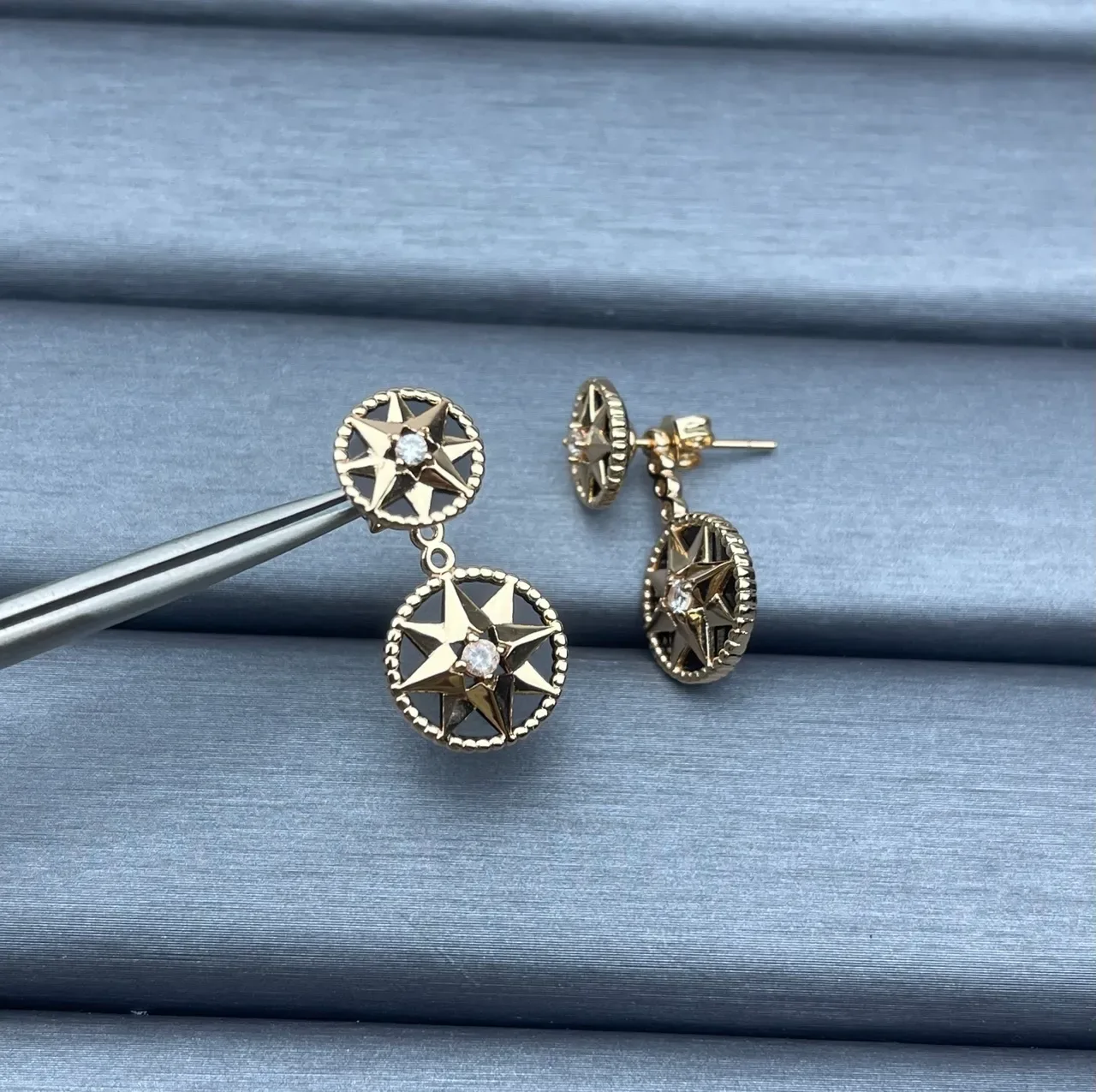 Gold-Tone Double Star Motif Crystal Earrings 3