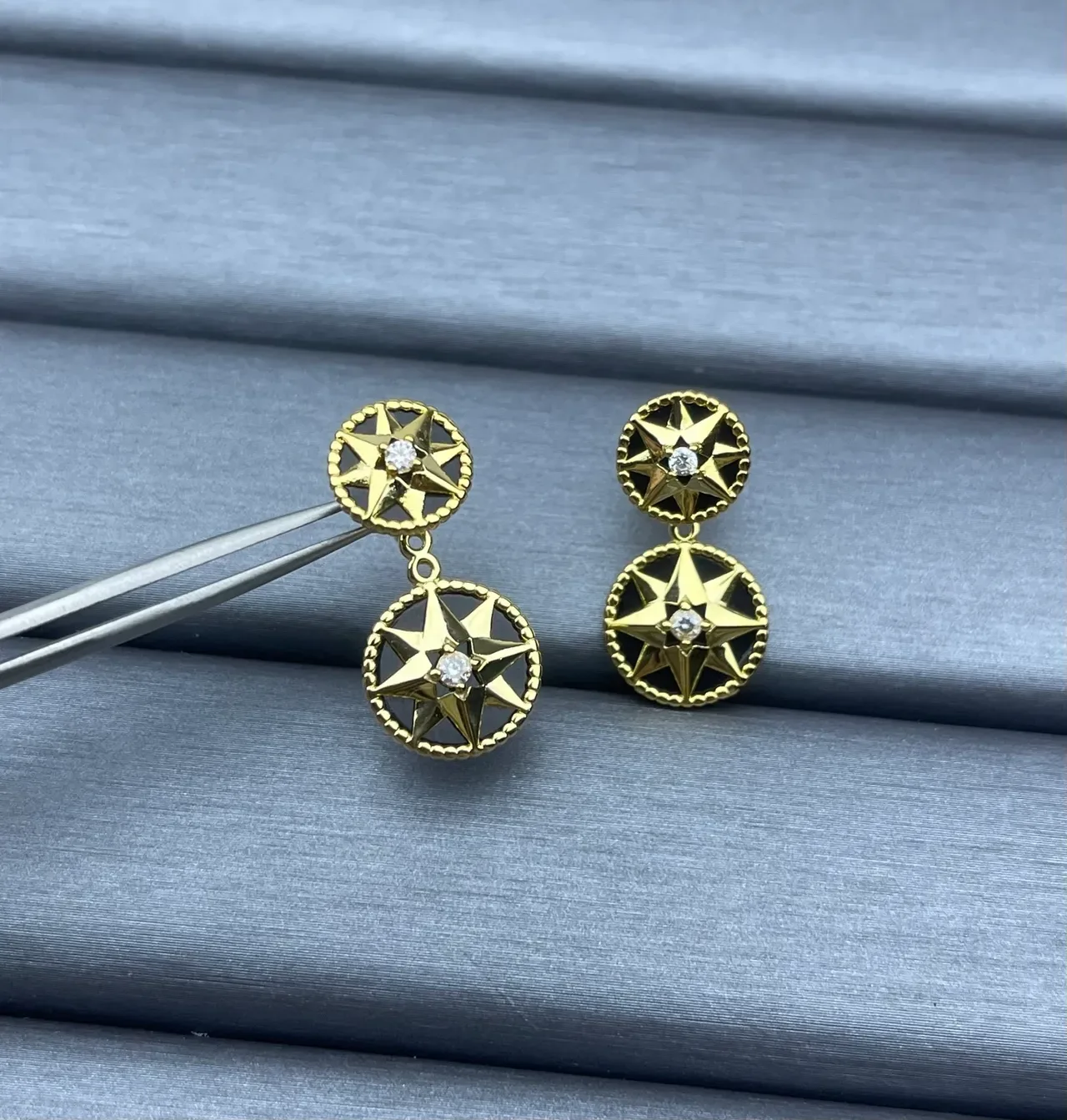 Gold-Tone Double Star Motif Crystal Earrings 4