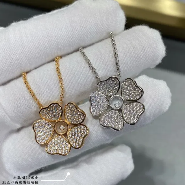 Gold-Tone Five-Petal Heart Flower Pavé Necklace 5