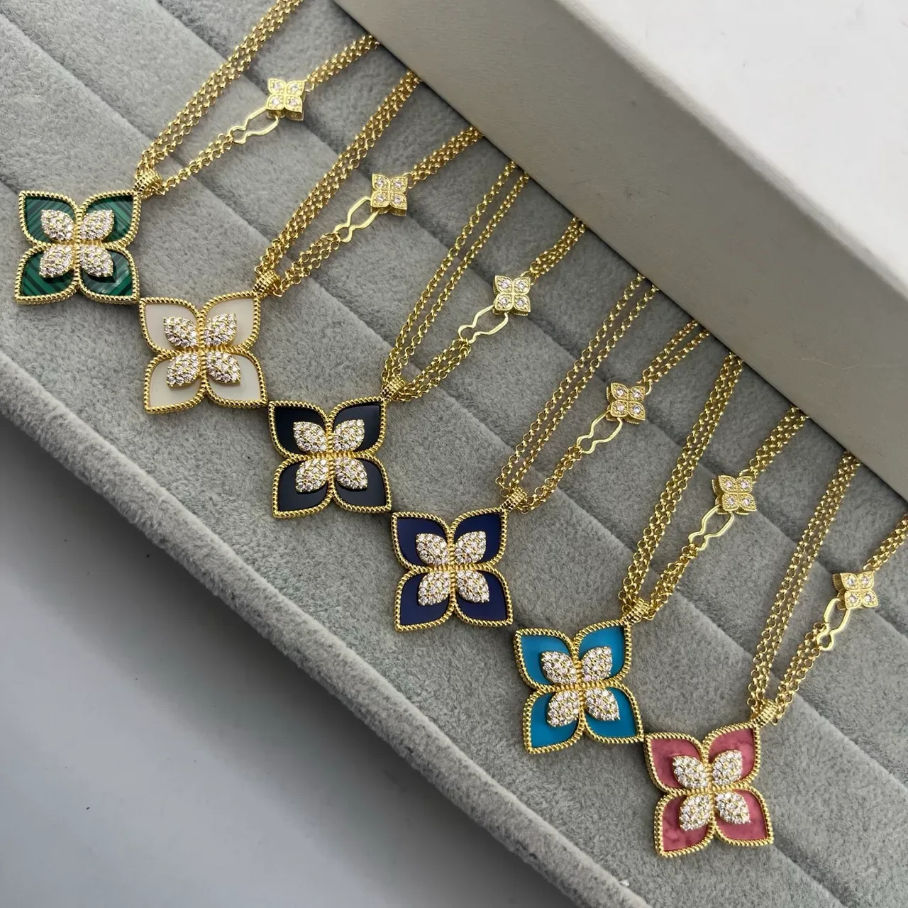 Gold-Tone Floral Malachite and Crystal Pendant Necklaces 7