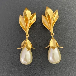Gold-Tone Floral Motif Teardrop Pearl Drop Earrings