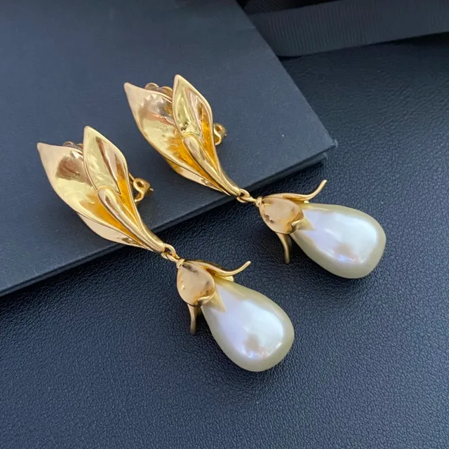Gold-Tone Floral Motif Teardrop Pearl Drop Earrings 4