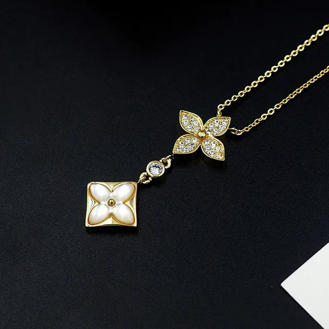 Gold-Tone Floral Pavé Crystal and Mother-of-Pearl Pendant Necklace 2