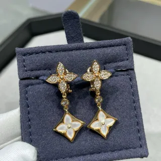 Gold-Tone Floral Quatrefoil Pavé Crystal and Mother-of-Pearl Drop Earrings