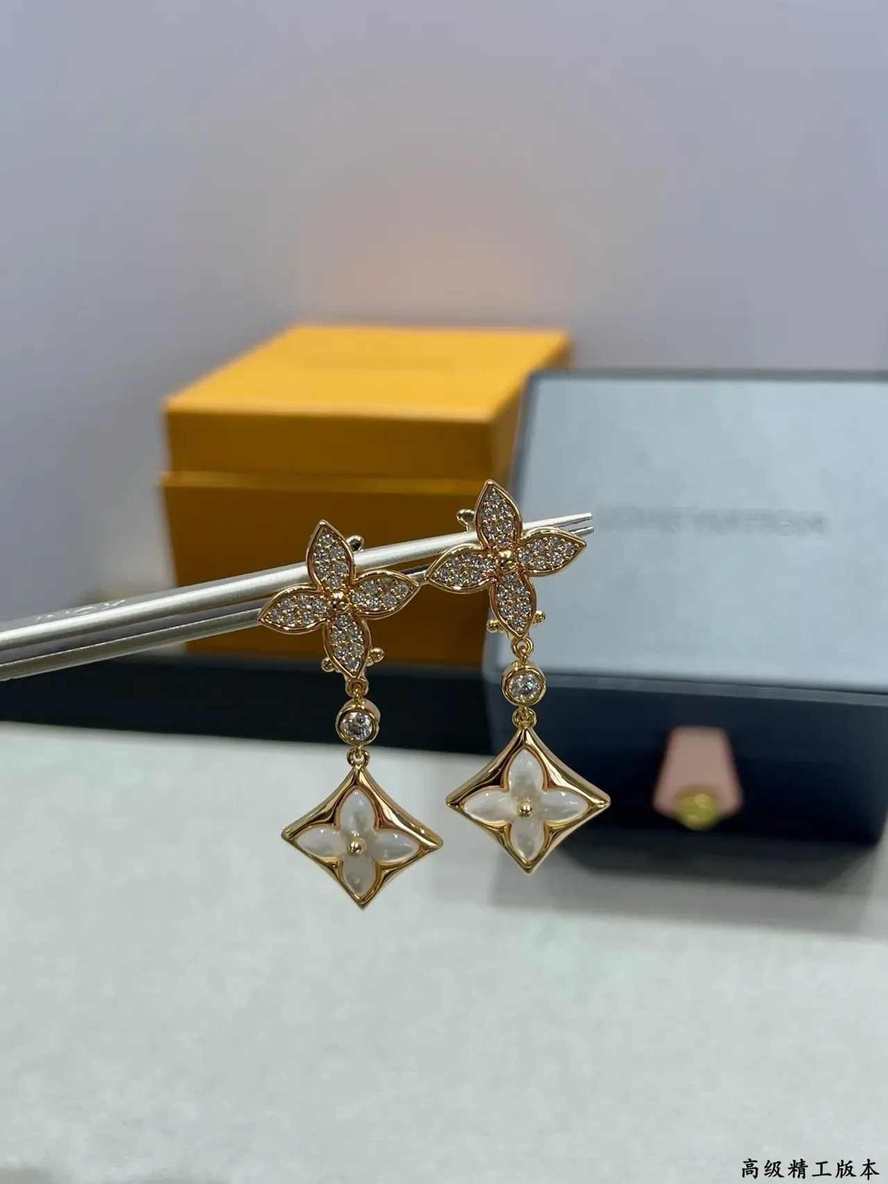 Gold-Tone Floral Quatrefoil Pavé Crystal and Mother-of-Pearl Drop Earrings 4