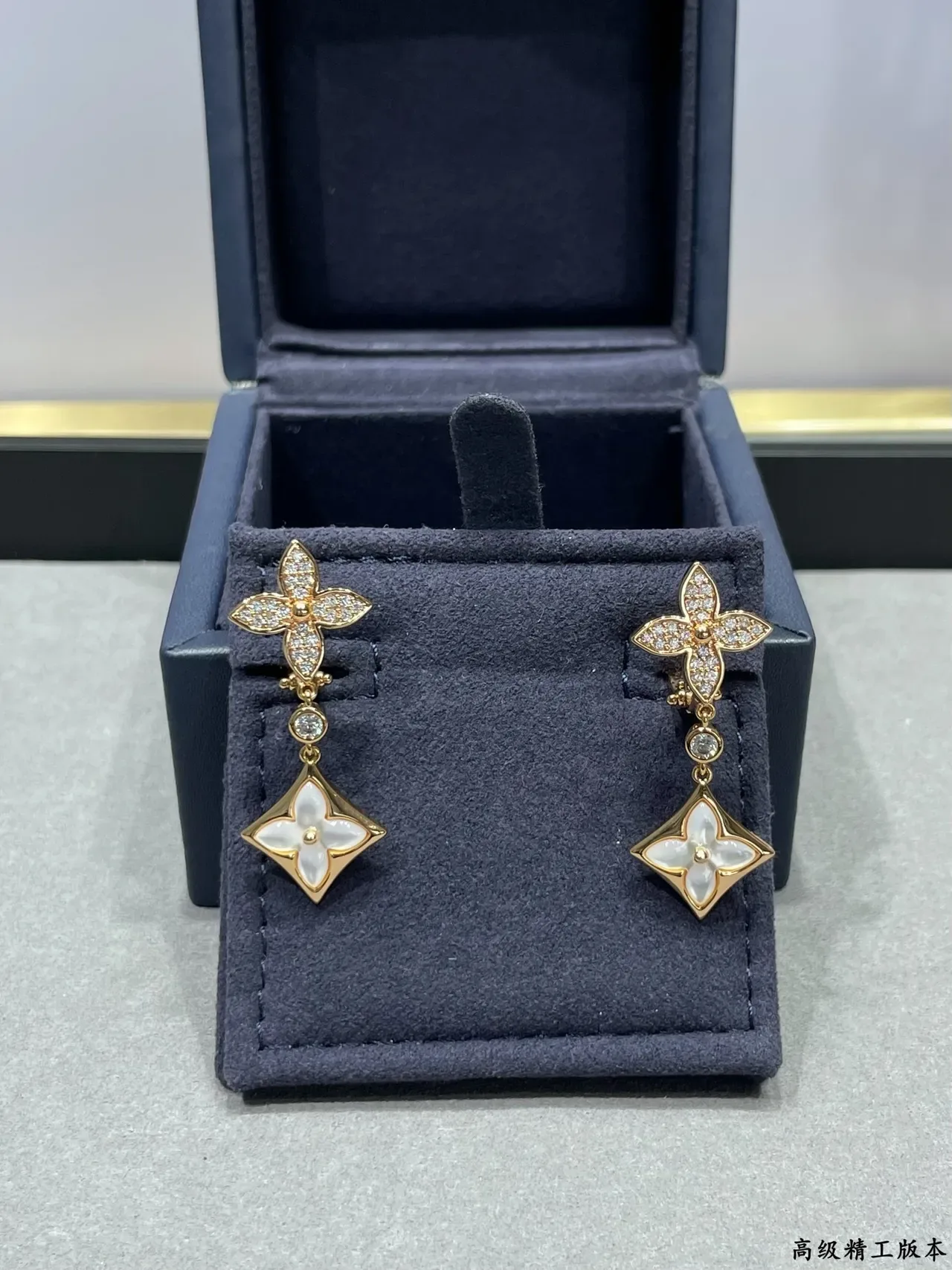 Gold-Tone Floral Quatrefoil Pavé Crystal and Mother-of-Pearl Drop Earrings 6