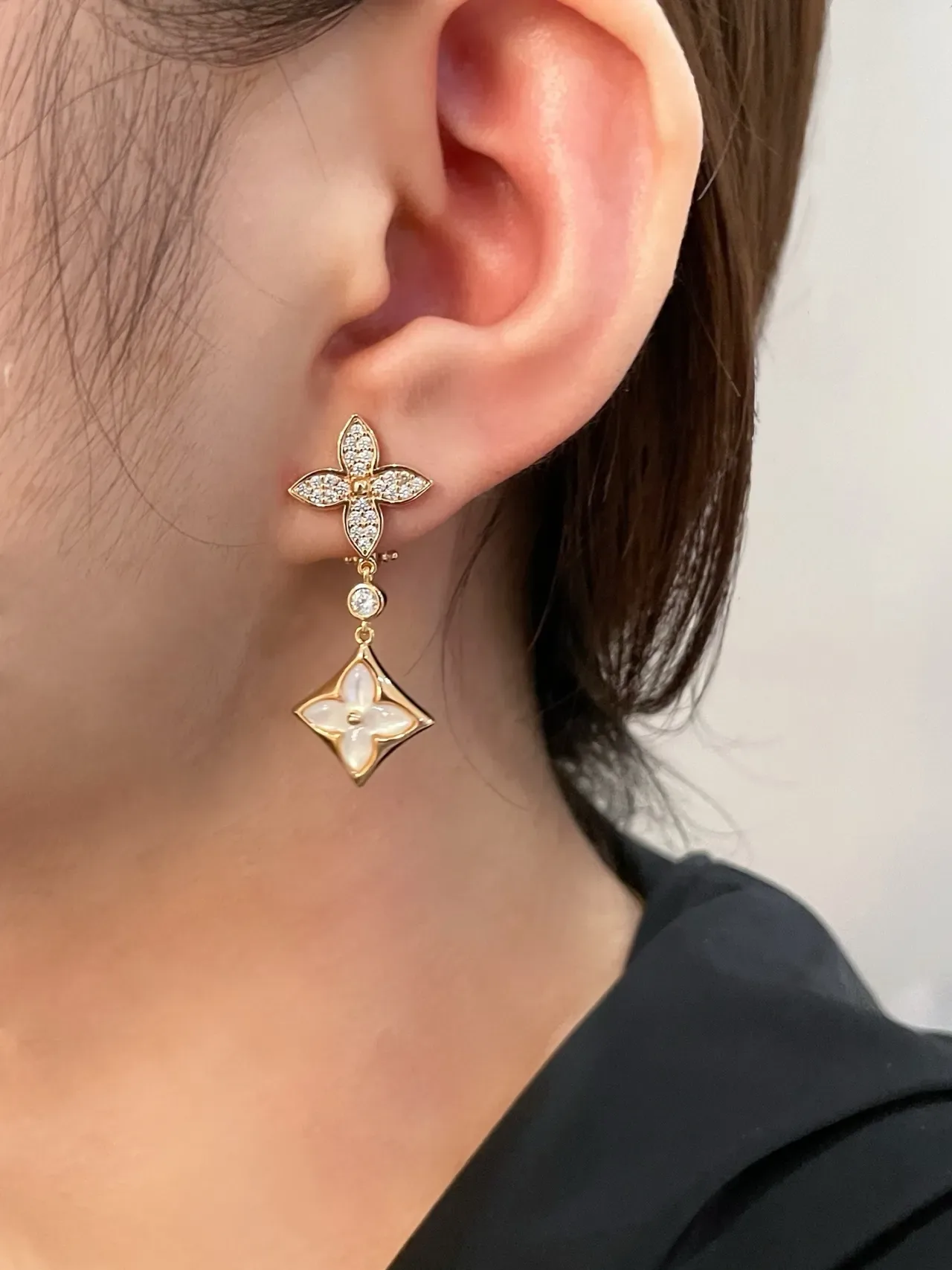 Gold-Tone Floral Quatrefoil Pavé Crystal and Mother-of-Pearl Drop Earrings 9