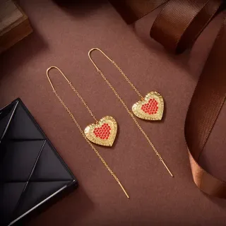 Gold-Tone Heart Pavé Red Stone Chain Drop Earrings