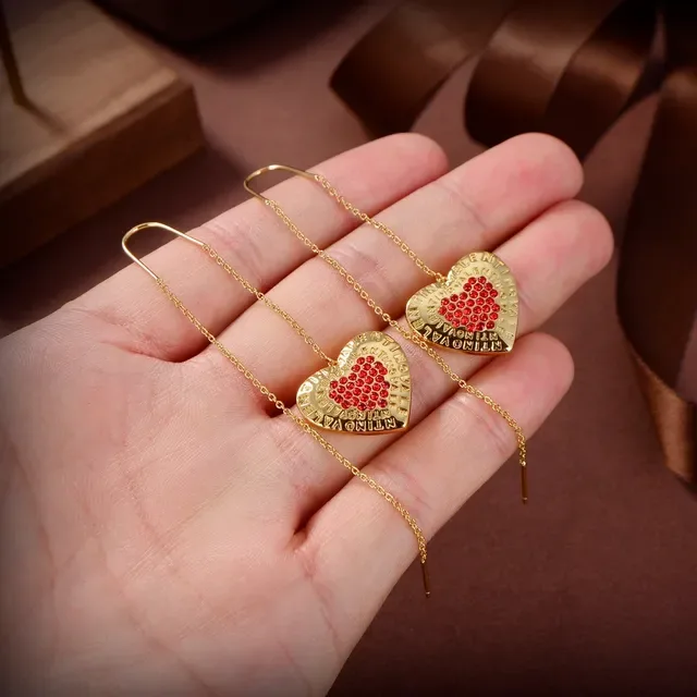 Gold-Tone Heart Pavé Red Stone Chain Drop Earrings 2