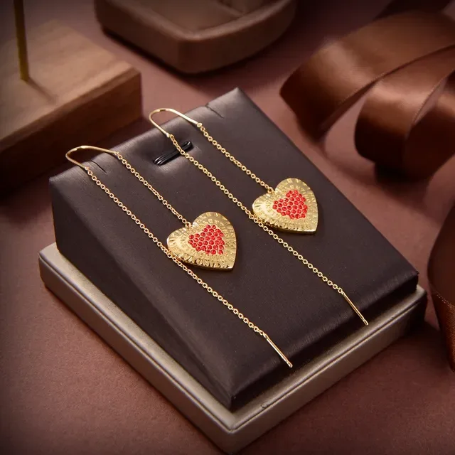Gold-Tone Heart Pavé Red Stone Chain Drop Earrings 3