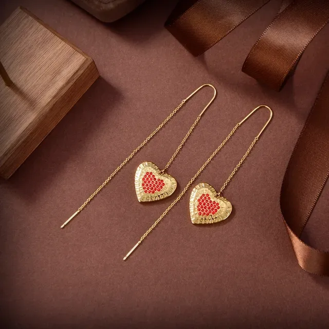 Gold-Tone Heart Pavé Red Stone Chain Drop Earrings 5