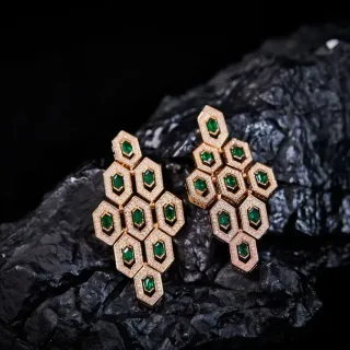 Gold-Tone Honeycomb Cluster Emerald and Pavé Earrings
