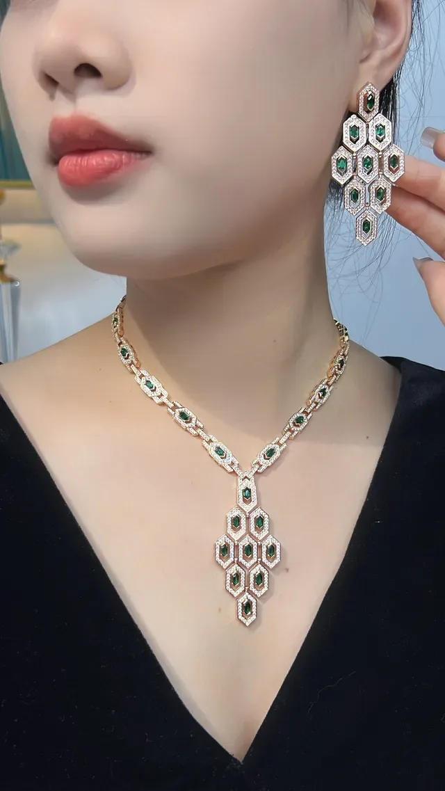 Gold-Tone Honeycomb Cluster Emerald and Pavé Earrings 2