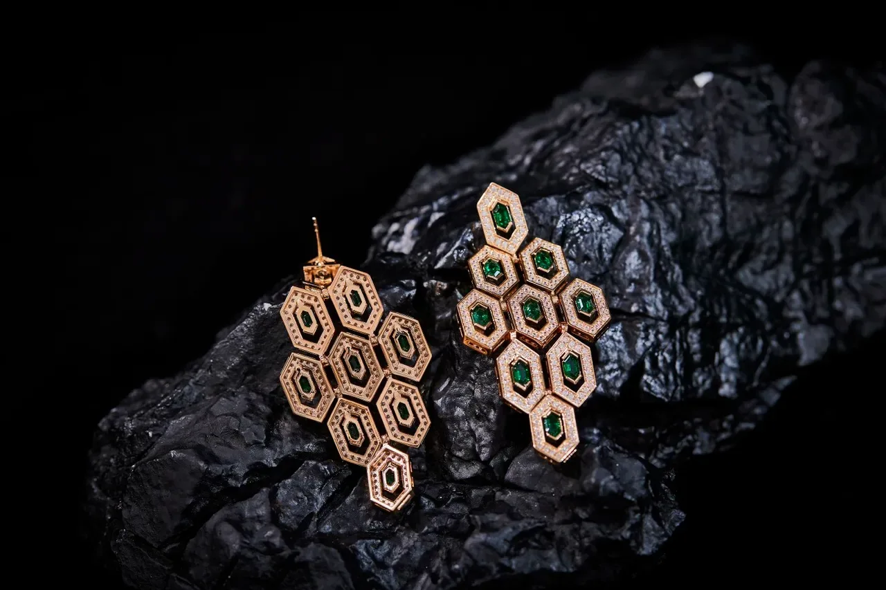 Gold-Tone Honeycomb Cluster Emerald and Pavé Earrings 3