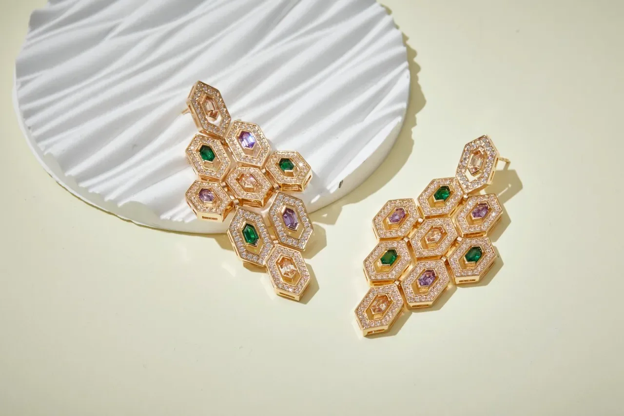 Gold-Tone Honeycomb Cluster Emerald and Pavé Earrings 4
