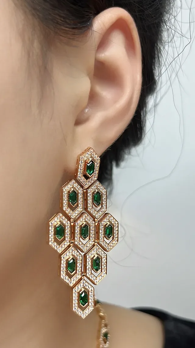 Gold-Tone Honeycomb Cluster Emerald and Pavé Earrings 5