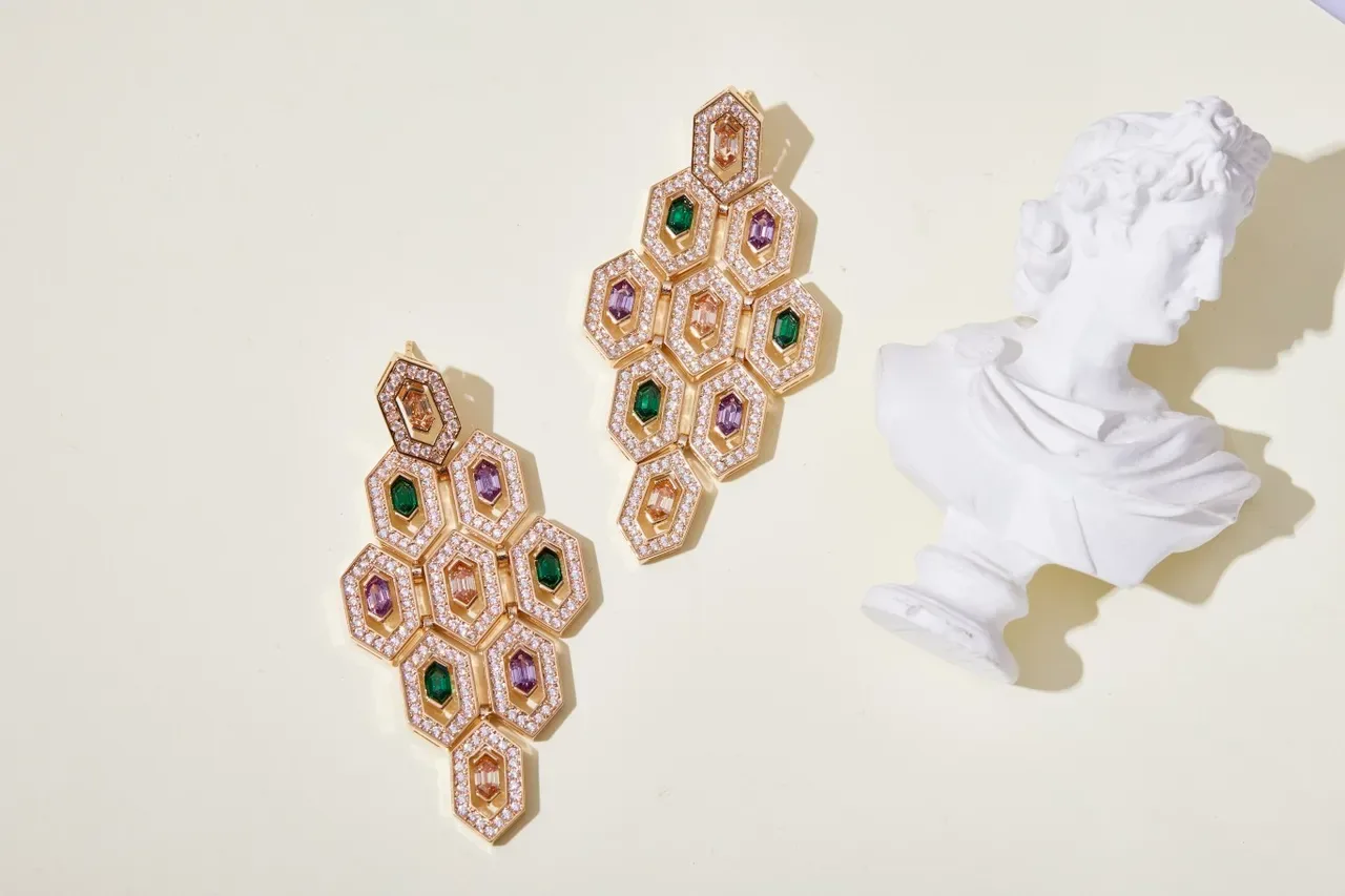 Gold-Tone Honeycomb Cluster Emerald and Pavé Earrings 7