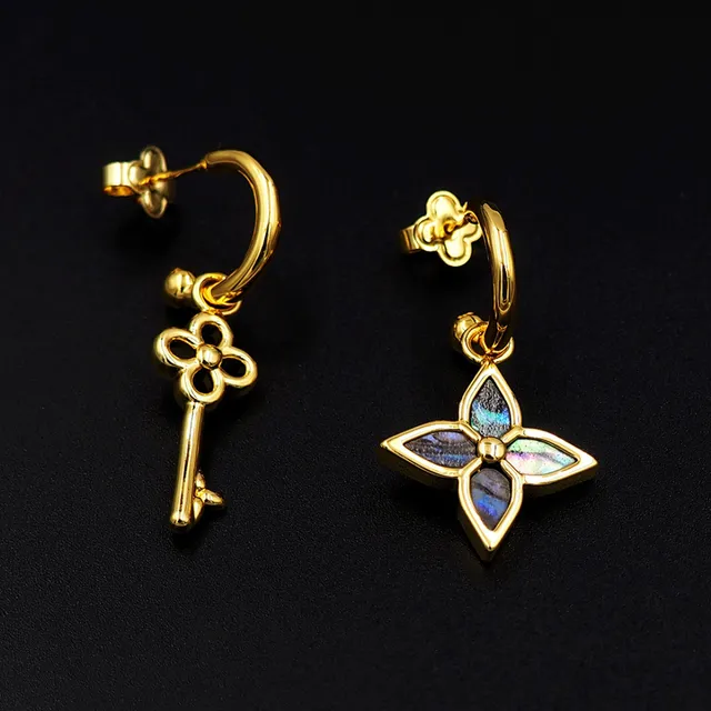 Gold-Tone Key and Quatrefoil Shell Inlay Earrings 4
