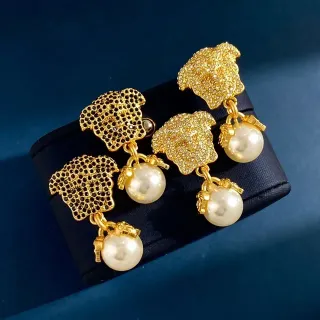 Gold-Tone Medusa Head Pavé Pearl Drop Earrings