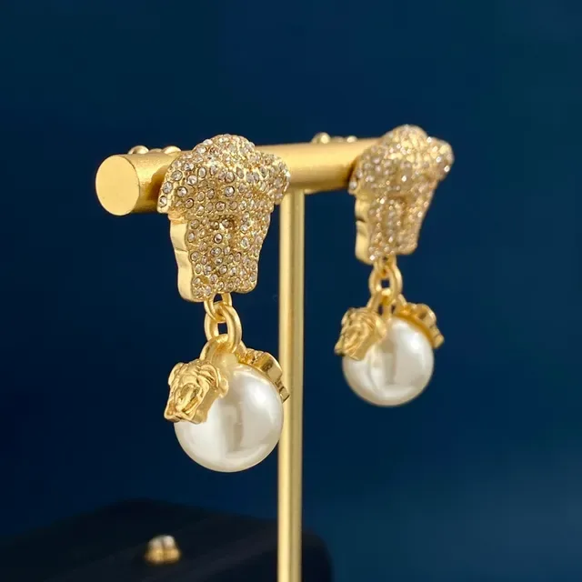 Gold-Tone Medusa Head Pavé Pearl Drop Earrings 3